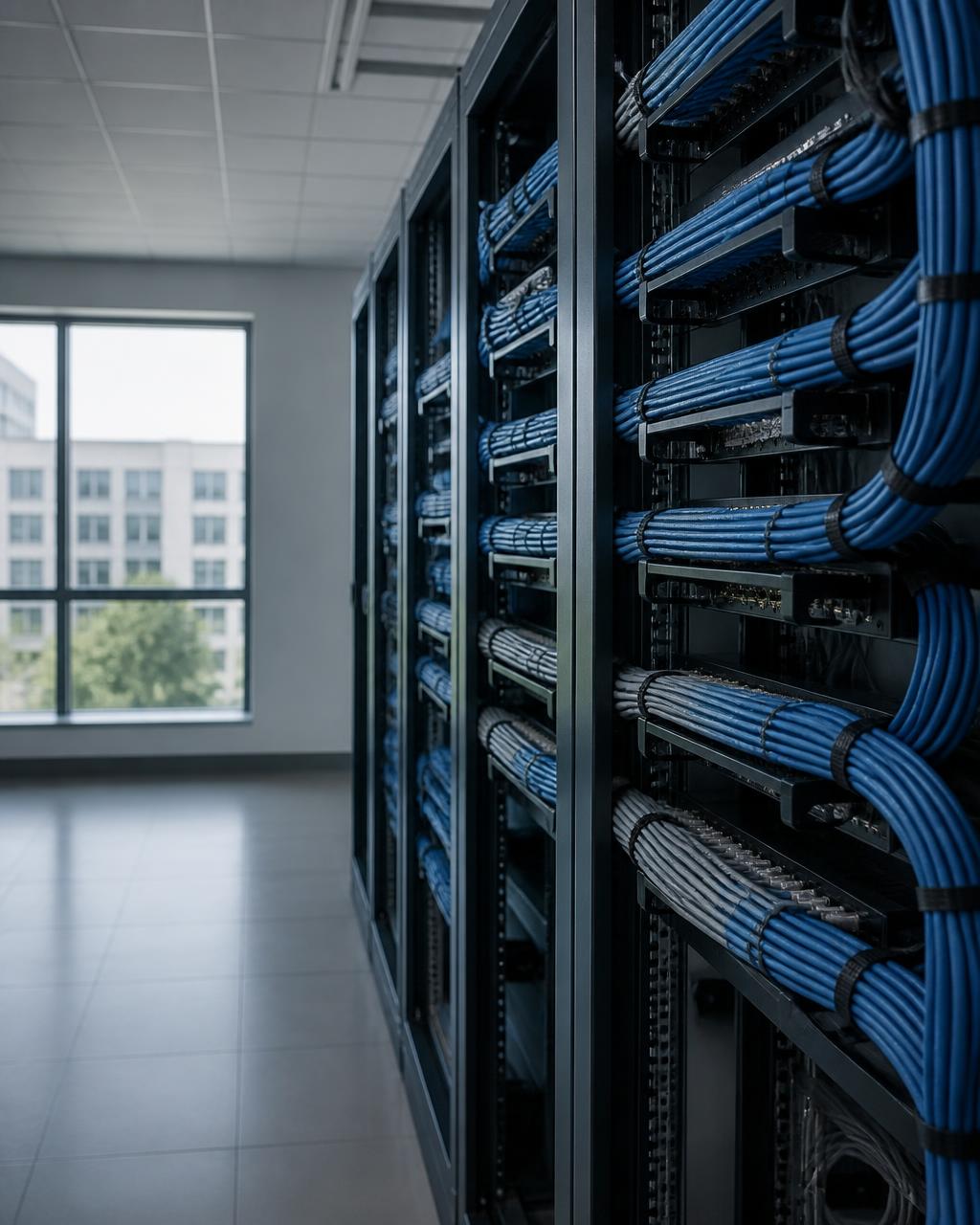 Quiet technical operations environment with structured equipment racks