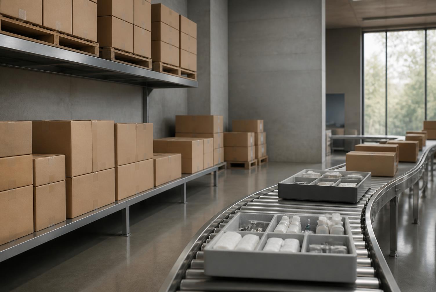 Muted healthcare supply-chain operation: sealed cartons of medical consumables moving along a conveyor line through a controlled distribution facility