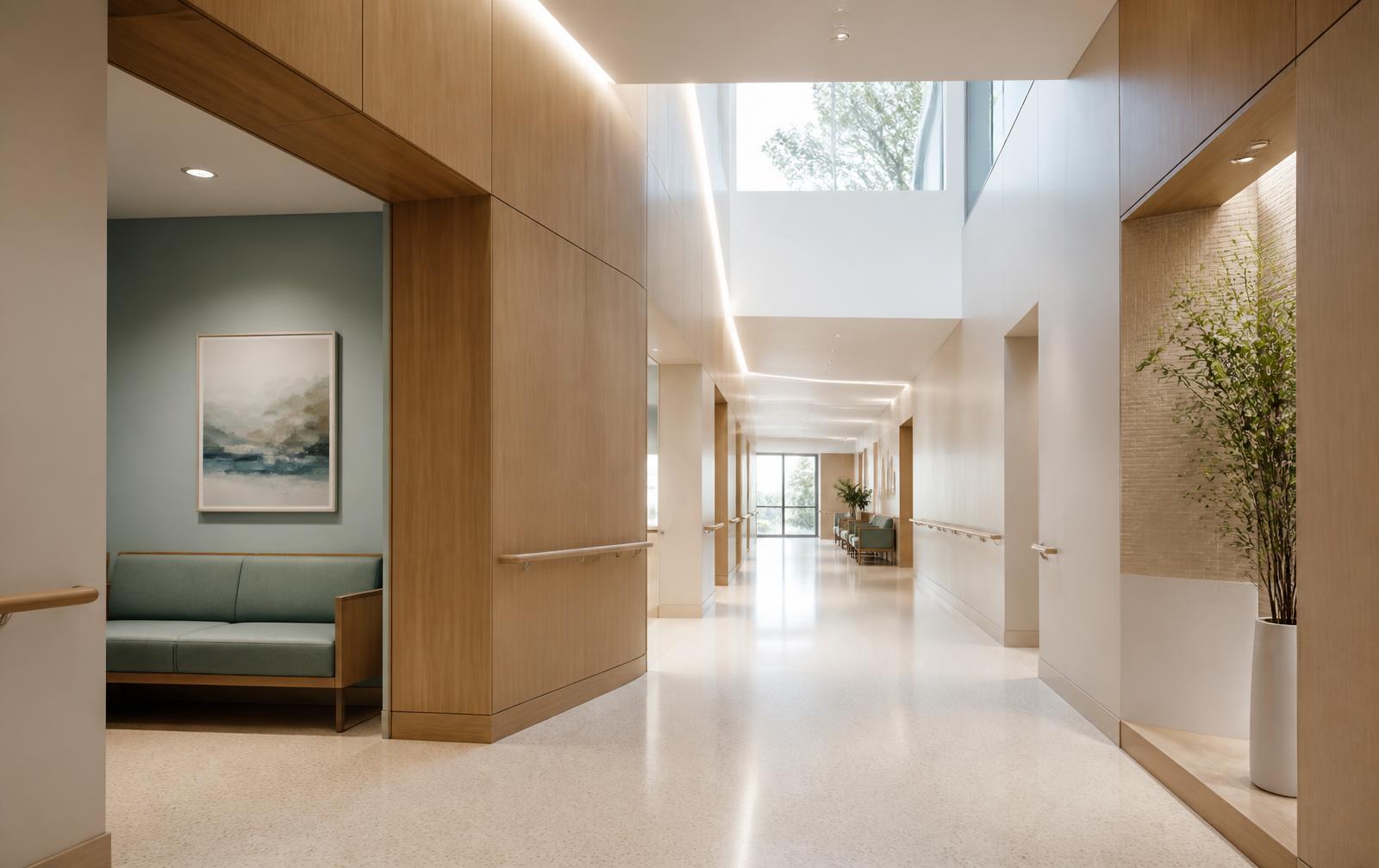 Daylit outpatient clinic corridor with clear circulation and durable institutional finishes